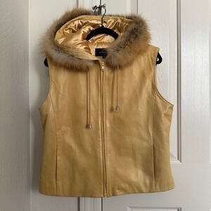 Damselle New York Leather Hooded Vest with Real Fur Trim -‎ Tan/Gold - Size M